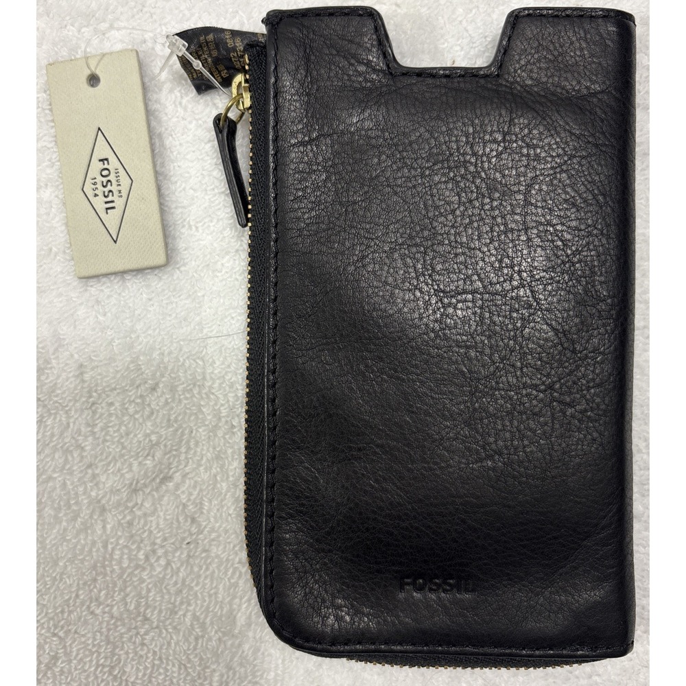 Fossil Phone Slide Black Leather Zip Wallet NWT SL7316001